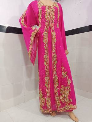 pink georgette moroccan islamic dubai kaftan farasha zari and stone work dress 2