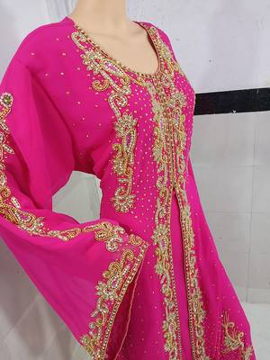 pink georgette moroccan islamic dubai kaftan farasha zari and stone work dress 3