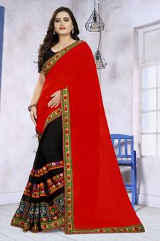 Red Embroidered Georgette Saree With Blouse