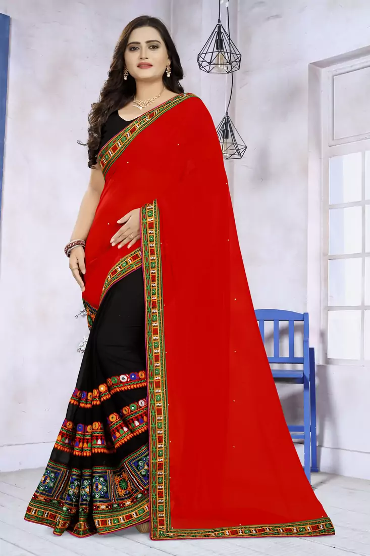 Red Embroidered Georgette Saree With Blouse