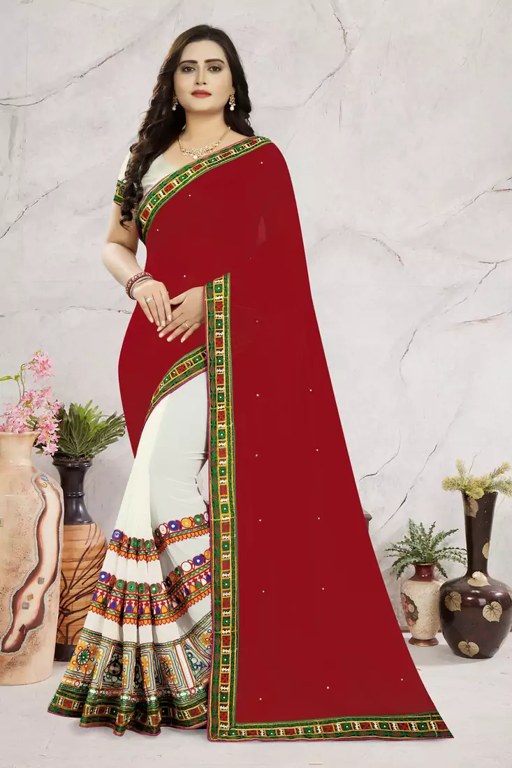 White Embroidered Georgette Saree With Blouse