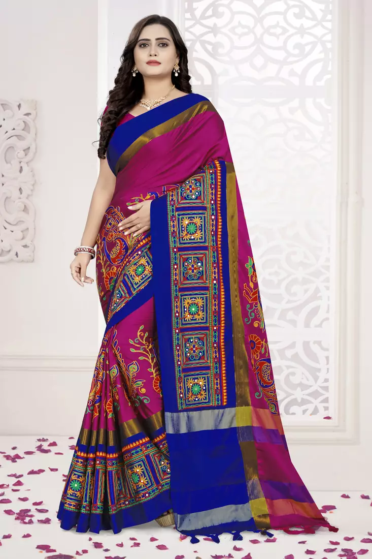 Pink Embroidered Cotton Silk Saree With Blouse