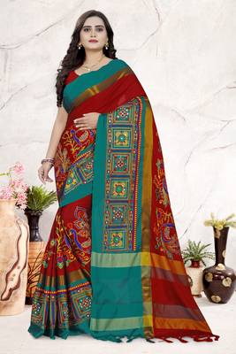 Red Embroidered Cotton Silk Saree With Blouse 1