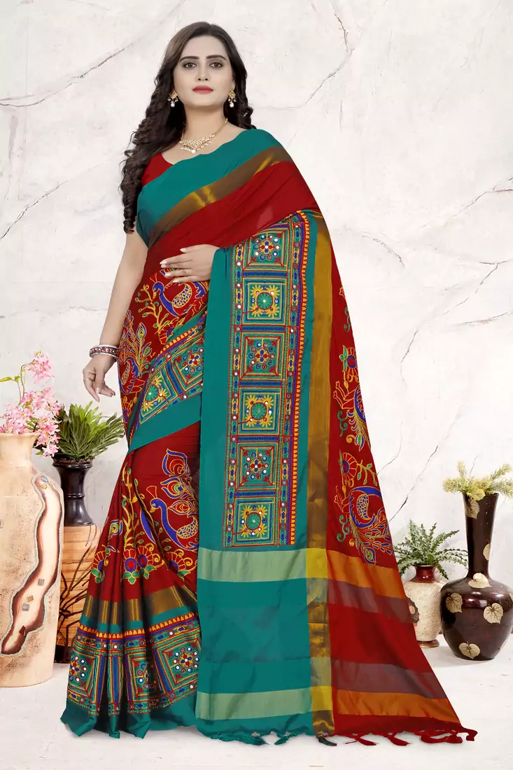 Red Embroidered Cotton Silk Saree With Blouse