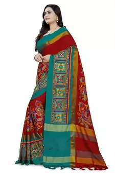 Red Embroidered Cotton Silk Saree With Blouse