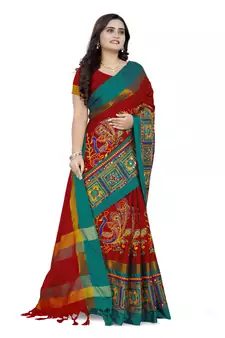 Red Embroidered Cotton Silk Saree With Blouse