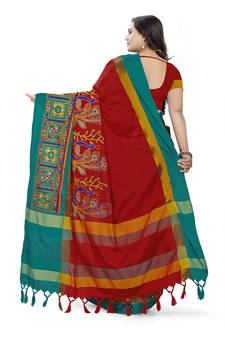 Red Embroidered Cotton Silk Saree With Blouse