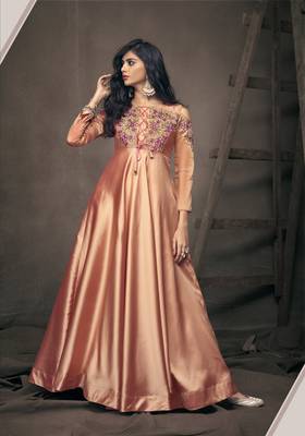 Orange embroidered silkparty wear gown 1