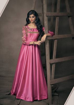 Pink embroidered silkparty wear gown 1