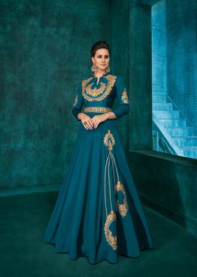 Light-blue embroidered silkparty wear gown 1