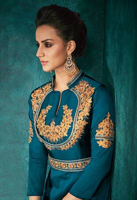 Light-blue embroidered silkparty wear gown 3