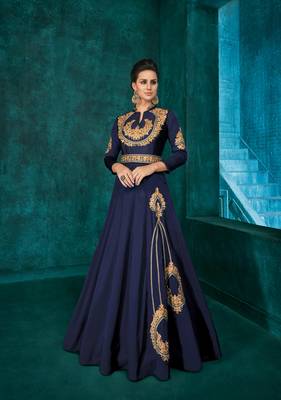 Blue embroidered silkparty wear gown 1