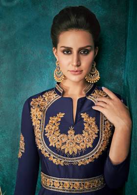 Blue embroidered silkparty wear gown 2