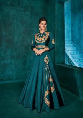 Aqua-blue embroidered silkparty wear gown 1