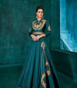 Aqua-blue embroidered silkparty wear gown