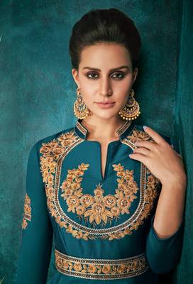 Aqua-blue embroidered silkparty wear gown 2