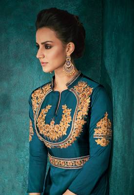 Aqua-blue embroidered silkparty wear gown 3
