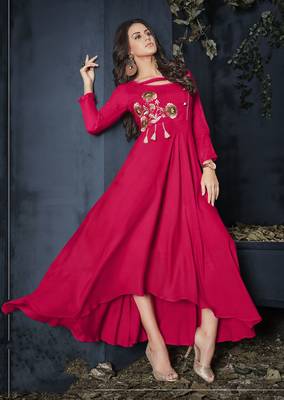 Rani-pink embroidered rayon party-wear-kurtis 1