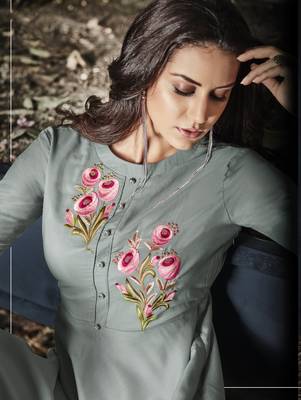 Mustard embroidered rayon party-wear-kurtis 2