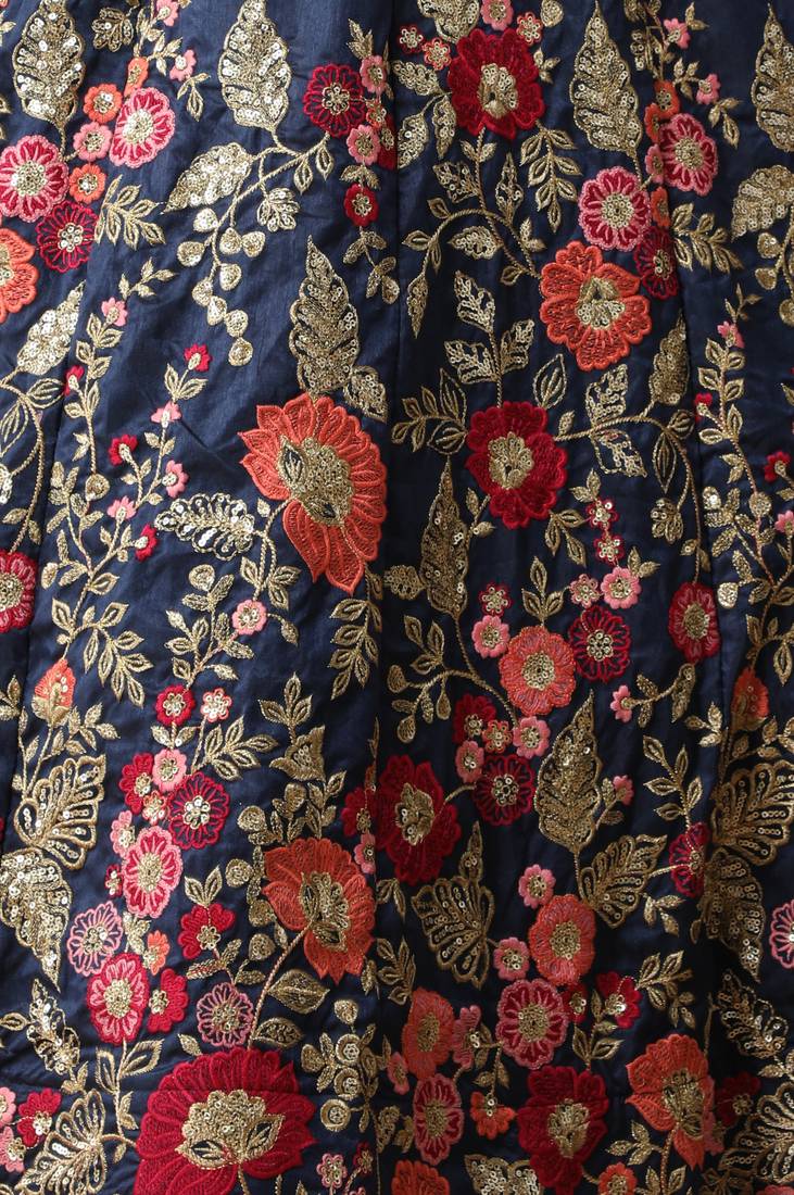 Navy Blue Thread, Zari With Sequince Embroidered Art Silk Semi Stitched Lehenga