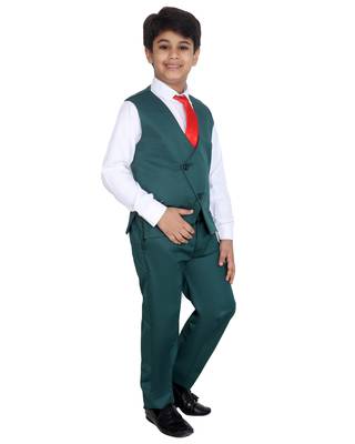 Green plain silk blend boys-suit 2
