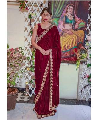 Maroon plain velvet saree with blouse 1