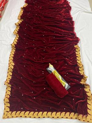 Maroon plain velvet saree with blouse 2