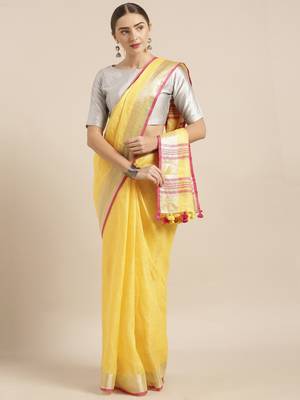 Kalasati Yellow Pure Linen Solid Bhagalpuri Saree 1