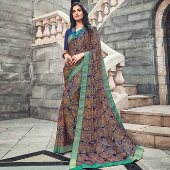 blue Printed crepe saree with blouse 2