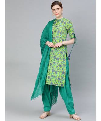Women Green & Sea Green Floral Straight Cotton Kurti With Salwar & Dupatta 1