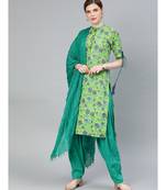 Women Green & Sea Green Floral Straight Cotton Kurti With Salwar & Dupatta