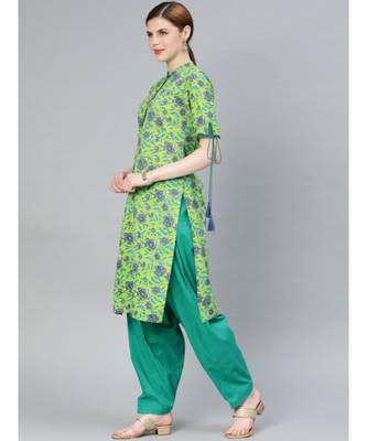 Women Green & Sea Green Floral Straight Cotton Kurti With Salwar & Dupatta 2
