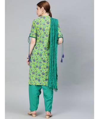 Women Green & Sea Green Floral Straight Cotton Kurti With Salwar & Dupatta 3