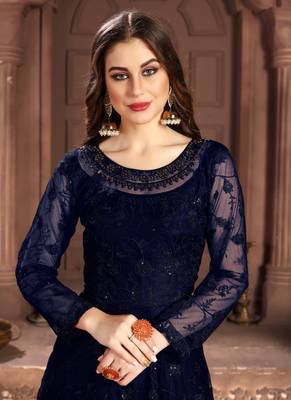 Navy-Blue Embroidered Net Salwar 2