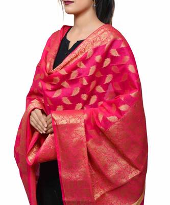 Women's pink Banarasi Kora Silk Zari Dupatta 2