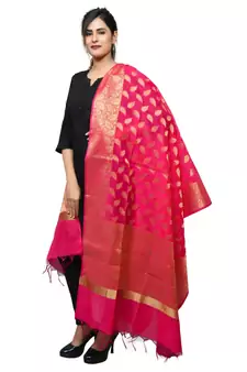 Women's pink Banarasi Kora Silk Zari Dupatta