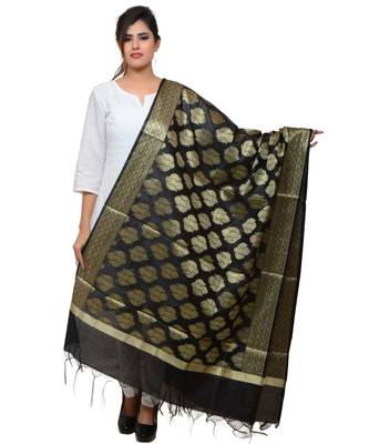 Women's black Banarasi Kora Silk Zari Dupatta 1