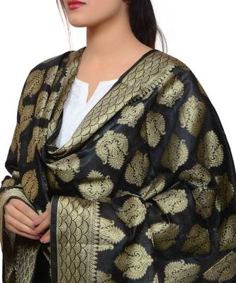 Women's black Banarasi Kora Silk Zari Dupatta 2