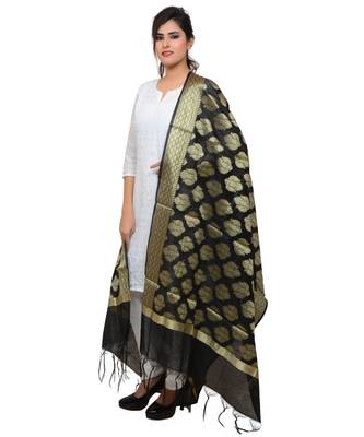 Women's black Banarasi Kora Silk Zari Dupatta 3