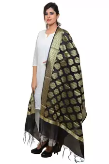 Women's black Banarasi Kora Silk Zari Dupatta