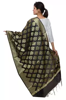Women's black Banarasi Kora Silk Zari Dupatta