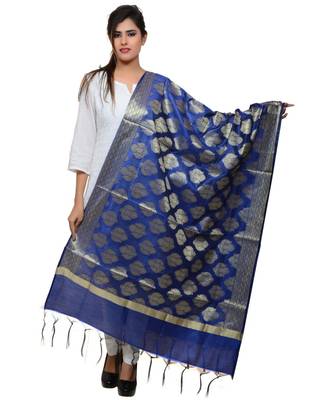 Women's blue Banarasi Kora Silk Zari Dupatta 1