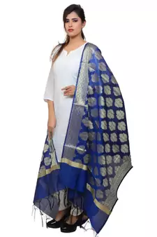 Women's blue Banarasi Kora Silk Zari Dupatta