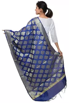 Women's blue Banarasi Kora Silk Zari Dupatta
