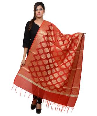 Women's red Banarasi Kora Silk Zari Dupatta 1