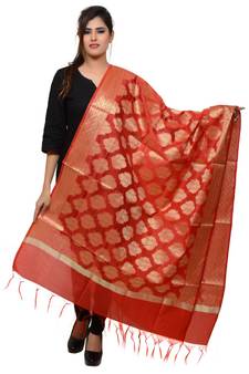 Women's red Banarasi Kora Silk Zari Dupatta