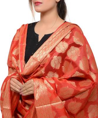 Women's red Banarasi Kora Silk Zari Dupatta 2