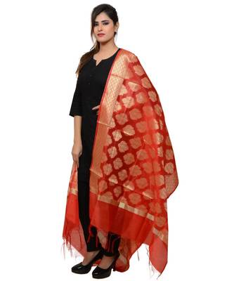 Women's red Banarasi Kora Silk Zari Dupatta 3
