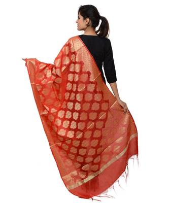 Women's red Banarasi Kora Silk Zari Dupatta 4