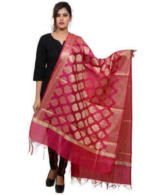 Women's pink Banarasi Kora Silk Zari Dupatta 1